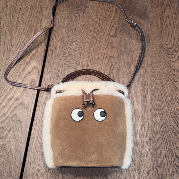 ANYA HINDMARCH Eyes Shearling Suede Bucket Shoulder Drawstring Crossbody Bag - Picture 4 of 9